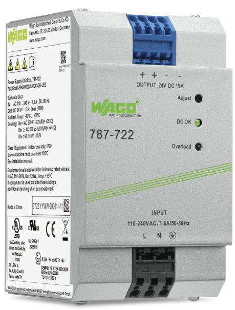 787-722 Fuente de alimentación; ECO; monofásico; Tensión de salida 24V DC; Corriente de salida 5A; DC-OK LED; 4,00 mm²
