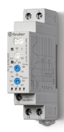 Relé de Control Monitor de Fase marca FINDER Serie 70; Fases 1, Amperaje 10A Bobina 230VAC Contactos CO 1. (70.11.8.230.2022)