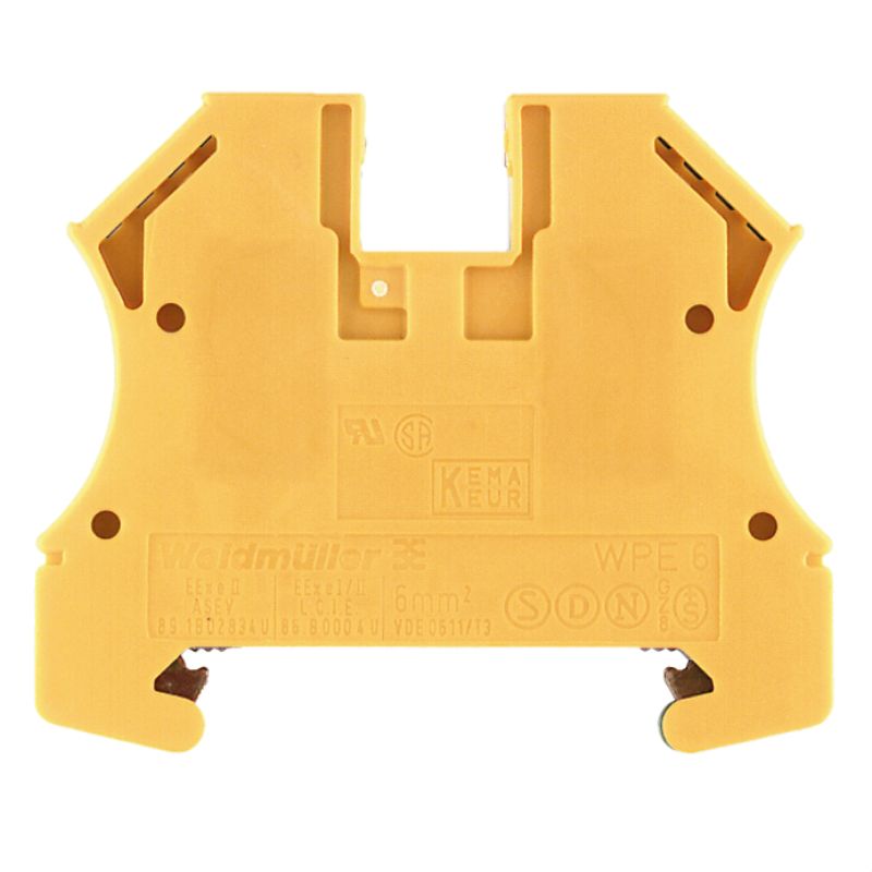 Bornera 6mm² de Tierra marca Weidmuller serie WPE; 1 nivel conexión brida Tornillo Color Verde/Amarillo. WPE 6