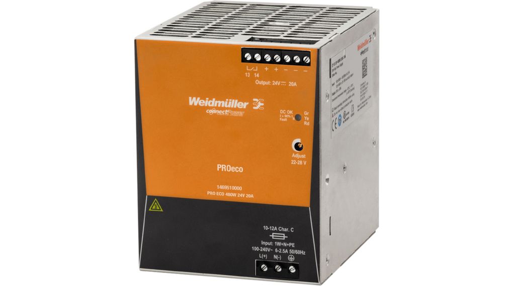 Fuente de Alimentación marca Weidmüller Serie PRO ECO; Amperaje 20A Potencia 480W Voltaje de Salida 24VDC   