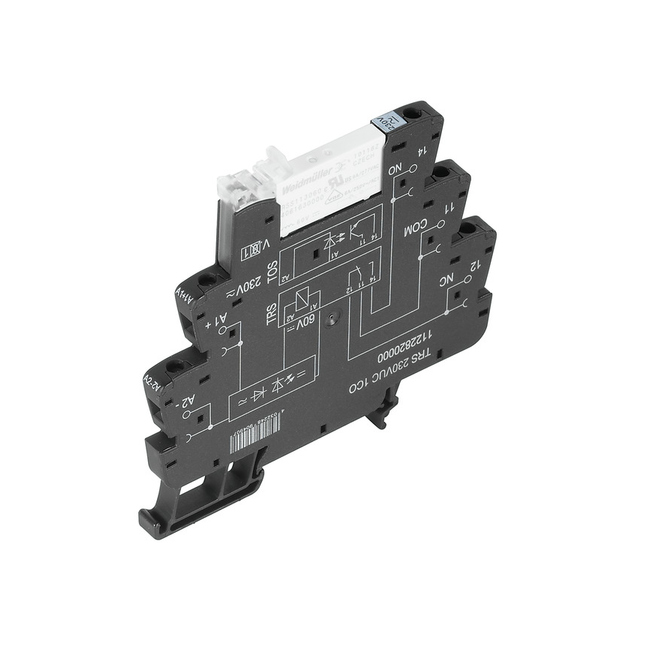 Relé tipo Slim con base marca Weidmüller Serie TRP; Amperaje 6A, Bobina 230VAC/DC Contactos CO 1, Salida 250VAC/DC        