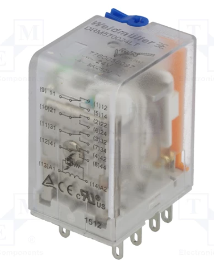 Relé de Control marca Weidmüller Serie DRM; Amperaje 5A, Bobina 24VDC Contactos CO 4    