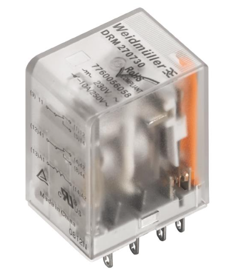 Relé de Control marca Weidmüller Serie DRM; Amperaje 5A, Bobina 24VDC Contactos CO 4    