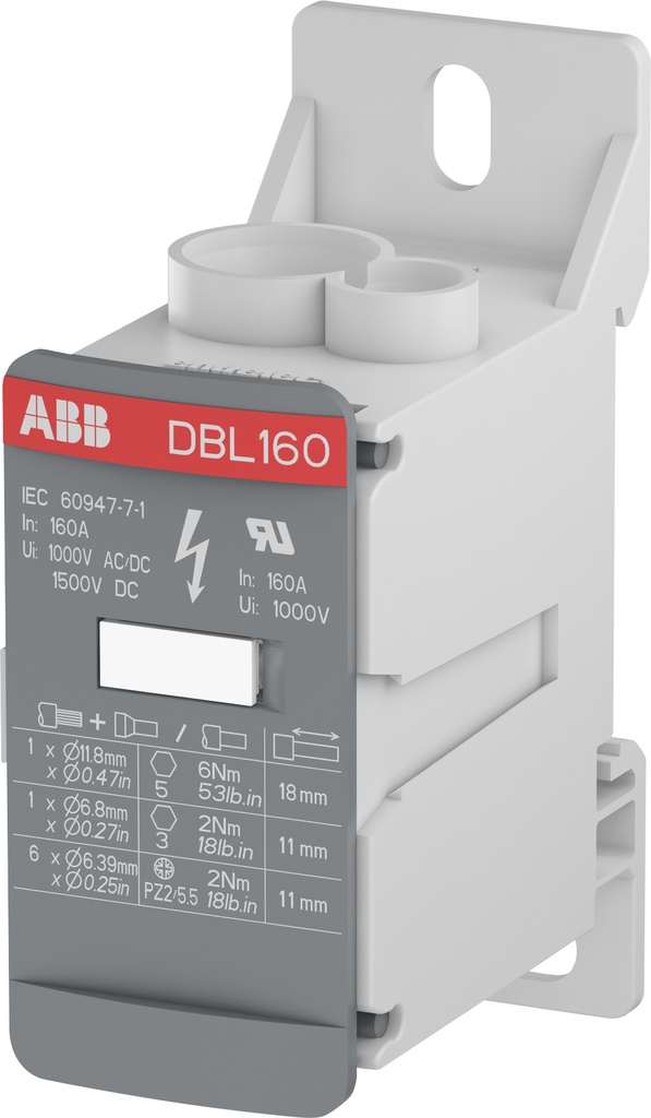 Bloque de Distribución marca ABB Serie DBL; Amperaje 160A Entrada 1X6-1/0AWG Salida 6X14-6AWG  