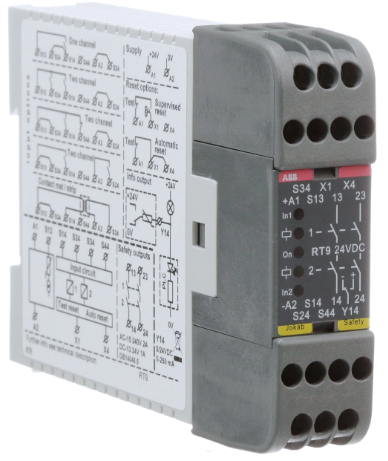 Relé de Seguridad marca ABB Serie RT9; 6A, Bobina 24VDC Contactos CO 2  