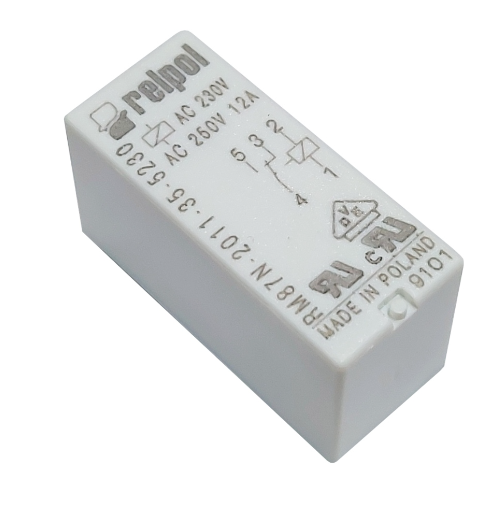 Mini Relay  de 5 Pines  230VAC Contactos: 1 Conmutable.  Capacidad Contacto: 12A / 250V AC.