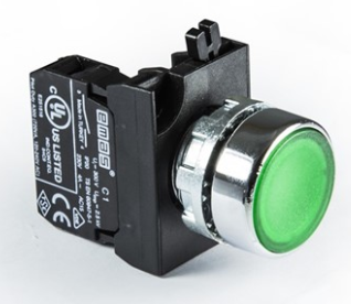 Pulsador marca EMAS Serie C1; Color Verde Iluminado, momentáneo, 230VAC Diámetro 22mm Contacto 1NO
