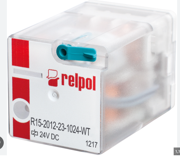 Relé marca RELPOL Serie R15; Bobina 230VAC Contacto CO 2 Pines 8, Redondos      