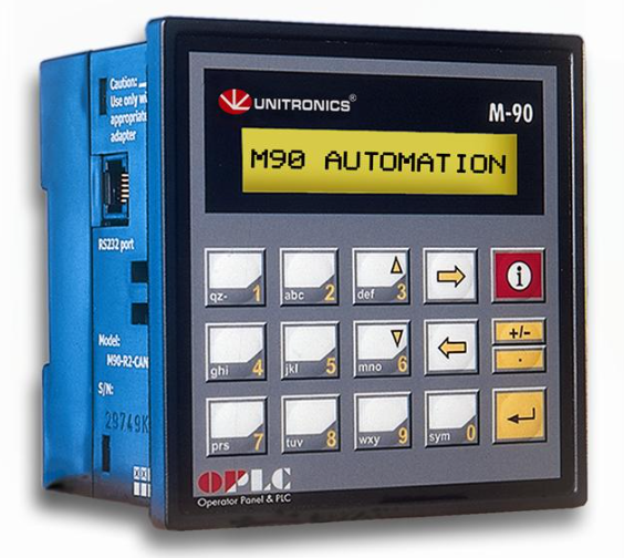 Controlador Logico PLC con Panel HMI marca UNITRONICS Serie M91; Alimentación 12-24VAC E/S expandibles 150