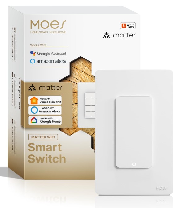 MOES Matter-WiFi - Interruptores de luz inteligentes, requiere cable netural, interruptor de un solo polo de 2.4 GHz, compatible con Alexa Google Assistant, control remoto