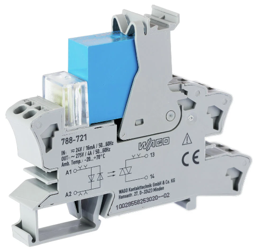 Relé de estado solido marca WAGO Serie 788; 4A, Bobina 24VAC/DC Voltaje Salida 230VAC Contactos CO 1