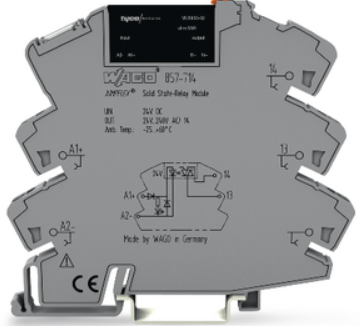 Relé de estado solido con base marca WAGO Serie 857; Amperaje 2A, Bobina 24VDC Voltaje Salida 24-230VAC, Contactos CO 1.