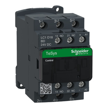 Contactor marca SCHNEIDER serie Tesys D; Amperaje 18A, Polos 3, Potencia(kW) 4kW, Potencia(HP) 5HP, Potencia(kW) 7.5kW Potencia(HP) 10HP, Bobina 24VDC Contactos AUX. 1NO+1NC.