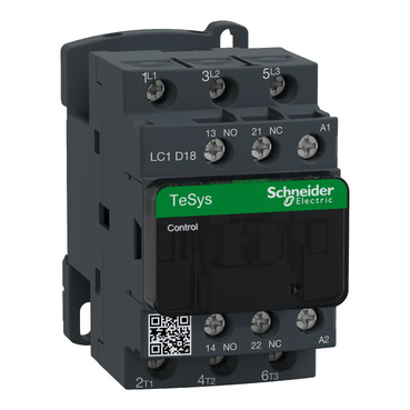 Contactor marca SCHNEIDER serie Tesys D; Amperaje 18A, Polos 3, Potencia(kW) 4kW Potencia(kW) 7.5KW, Potencia(HP) 5HP Potencia(HP) 10HP, Bobina 230VAC, Contactos Aux. 1NO+1NC