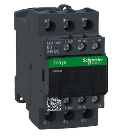 Contactor marca Schneider Electric Serie TeSys D; Amperaje 32A Polos 3 Potencia(kW) 7.5kW Potencia(HP) 10HP, Potencia(kW) 15kW Potencia(HP) 20HP Bobina 24VDC Contacto Aux 1NO+1NC
