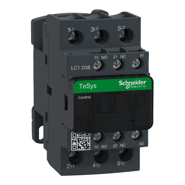 Contactor marca Schneider serie Tesys D; Amperaje 38A, Potencia(kW) 9kW Potencia(HP) 10HP, Potencia(kW) 18.5kW Potencia(HP) 20HP, Bobina 24VAC, Contactos Aux. 1NO+1NC