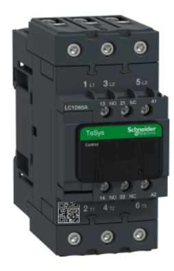 Contactor marca SCHNEIDER serie TeSys D; Amperaje 65A, Polos 3, Potencia(kW) 18.5kW Potencia(kW) 37kW, Potencia(HP) 20HP Potencia(HP) 40HP, bobina 230VAC, Contacto AUX. 1NO+1NC