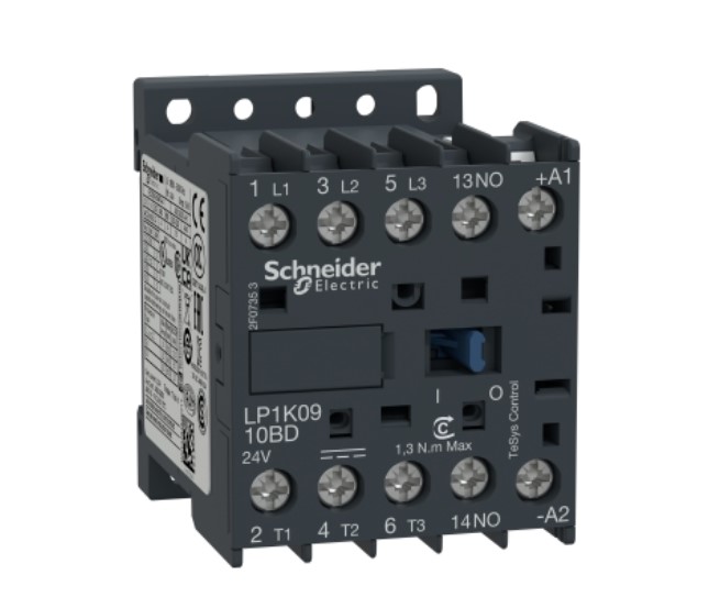 Contactor marca SCHNEIDER serie TeSys K; Amperaje 9A, Polos 3, Potencia(kW) 4kW, Potencia(HP) 5HP Bobina 24VDC Contactos Aux 1NO,NC 0.