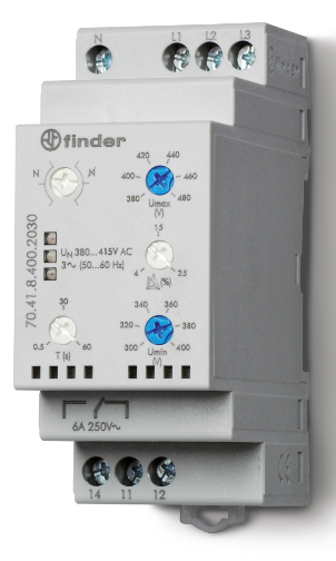 Relé de Control monitor de Fase marca FINDER Serie 70; Fases 3 + N, Amperaje 6A Bobina 380-415VAC Contactos CO 1. 70.41.8.400.2030   