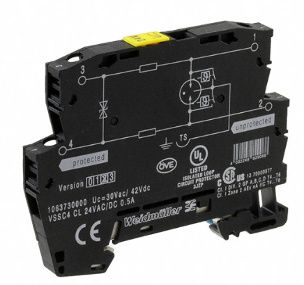 Supresor de Voltaje p/señales de Istrumentación y Control marca Weidmüller Serie VSSC4; Voltaje de Operación 24VAC/DC