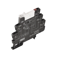 Relé tipo Slim con base marca Weidmüller Serie TRS; Amperaje 6A, Bobina 230VAC Contactos CO 1, Salida 250VAC/DC    