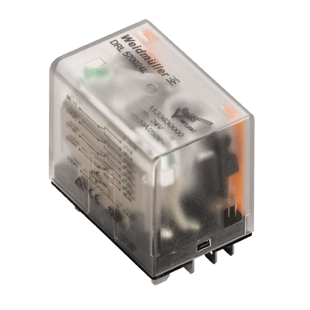 Relé de Control marca Weidmüller Serie DRL; Amperaje 10A, Bobina 230VAC Contactos CO 4    