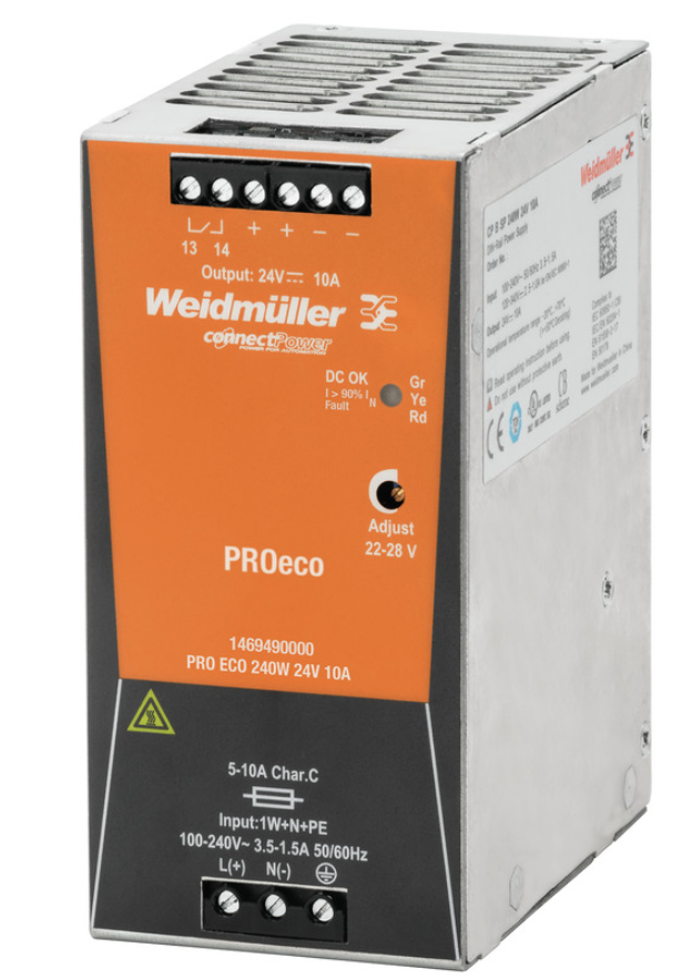Fuente de Alimentación marca Weidmüller Serie PRO ECO; Amperaje 10A Potencia 240W Voltaje de Salida 24VDC   