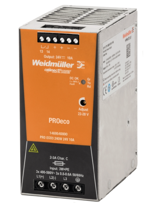Fuente de Poder WEIDMULLER PRO ECO3; trifásica, Amperaje 10A, 240W trifásica, salida 24VDC
