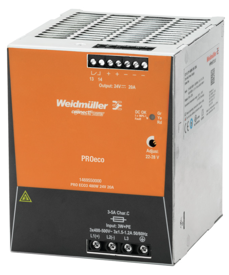 Fuente de Alimentación marca Weidmüller Serie PRO ECO3; trifásica, Amperaje 20A Potencia 480W trifásica Voltaje de Salida 24VDC   