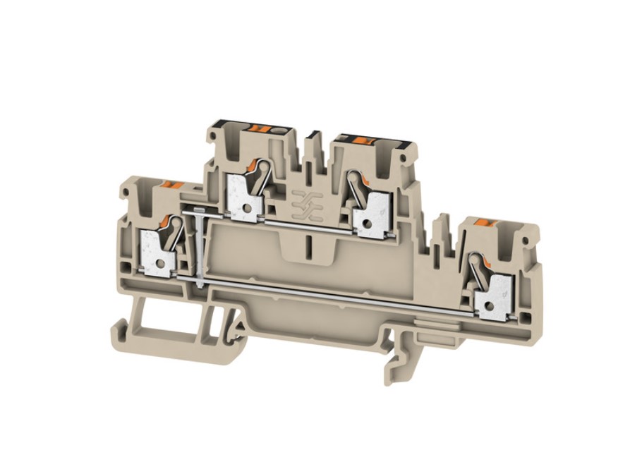 Bornera 2.5mm² marca Weidmüller Serie A2T 2.5; Amperaje 24A, Calibre 28-12AWG Nivel 2 unido Conexión push in, color beige