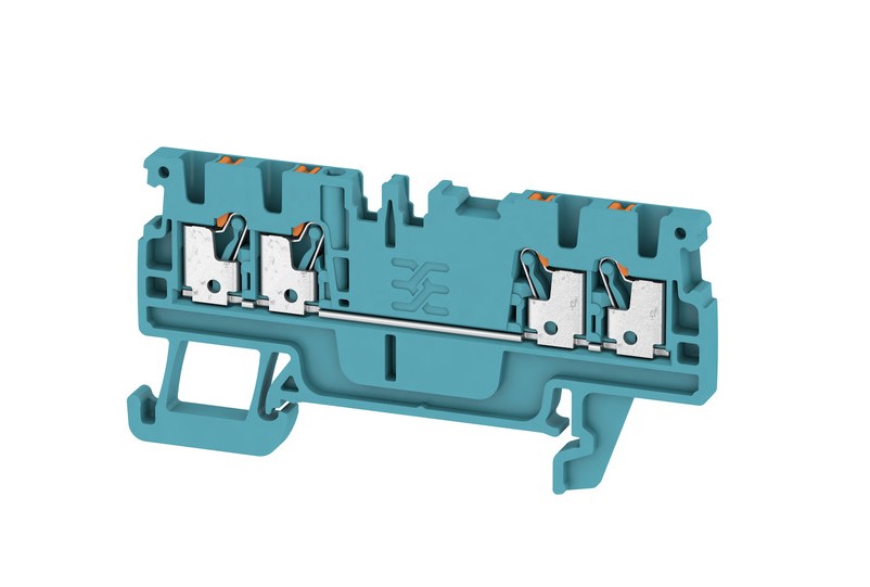 Bornera 1.5mm² doble marca Weidmüller Serie A4C 1.5; Amperaje 17.5A calibre 26-14AWG Nivel 1 Conexión push in, color azul