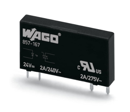Relé de estado solido marca WAGO Serie 857; Bobina 24VDC Voltaje Salida 230VAC Contactos CO 1. (Base 857-104)   