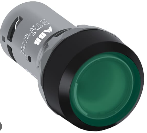 Pulsador marca ABB Serie CP1; Color Verde Iluminado Momentáneo Diámetro 22mm Contacto 1NO Contacto NC 0. 24VAC/DC