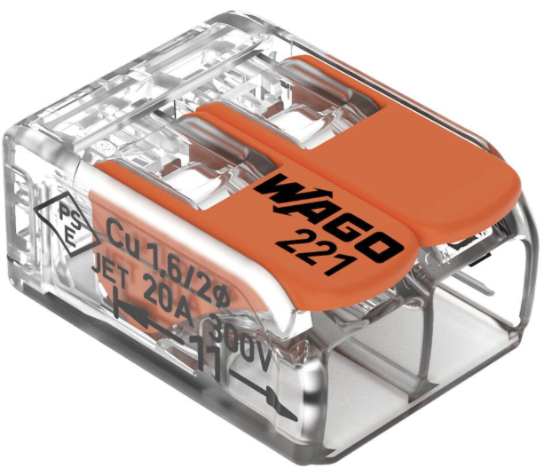 Bornera de empalme COMPACT marca WAGO polos 2, calibre 0.14 - 4mm² / 24 - 12AWG, 32A, con palancas de Accionamiento. CAJA 100 PIEZAS