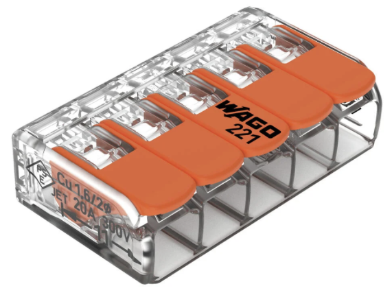 221-415 Bornera de Empalme marca WAGO serie 221; Amperaje 32A, 5 conductores calibre 0.14 - 4mm² / 24-12AWG. CAJA 25 PIEZAS