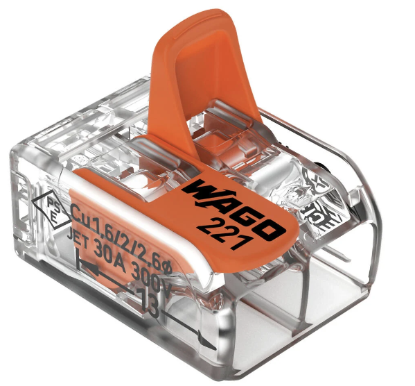 221-612 Bornera de Empalme marca WAGO serie 221; Amperaje 41A, 2 conductores calibre 0.5 - 6 mm² / 20-10 AWG CAJA 50 PIEZAS