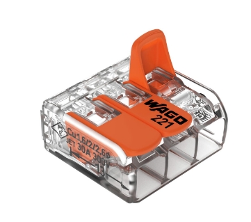 Conector de empalme marca WAGO serie 221; Amperaje 41A, Polos 3, calibre conductores 0.5 - 6 mm² / 20-10 AWG (30 Unidades)