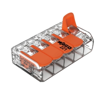Conector de empalme marca WAGO serie 221; Polos 5, calibre máx. cable 10AWG / 6mm² (CAJA 15 PIEZAS)