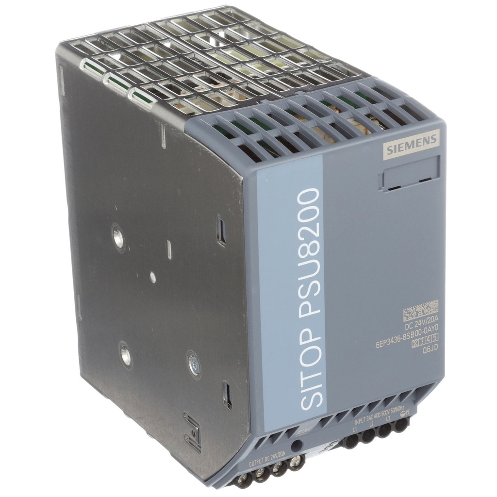 Fuente de Alimentación marca Siemens Serie SITOP; trifásica, Amperaje 20A Alimentación 400-500VAC Voltaje de Salida 24VDC