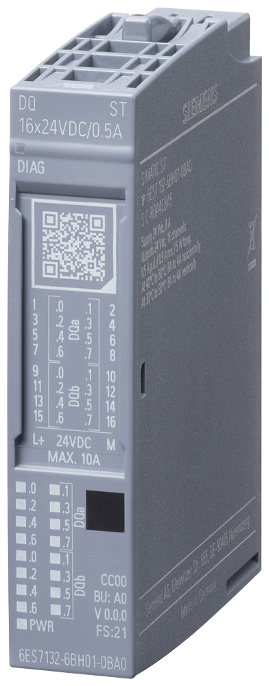 Módulo de salidas digitales, SIMATIC ET 200SP, DQ 16x 24V DC/0,5A Standard, Source Output (PNP,maniobra p) embalaje 1 pieza, apto para tipo de UB A0, código de color CC00, salida valor sustitutivo, diagnóstico de módulo para: cortocircuito a L+ y M, rotura hilo, tensión de alimentación