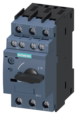 Guardamotor marca Siemens serie SIRIUS 3RV2; Amperaje 0.14 - 0.2A Polos 3 Tamaño S00 Tamaño S00 Clase 10 Contacto Aux 1NO+1NC