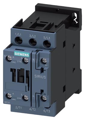 Contactor marca Siemens serie SIRIUS 3RT2; Amperaje 17A Polos 3 Potencia(kW) 7.5kW Potencia(HP) 10HP Bobina 24VAC Contacto Aux 1NO+1NC