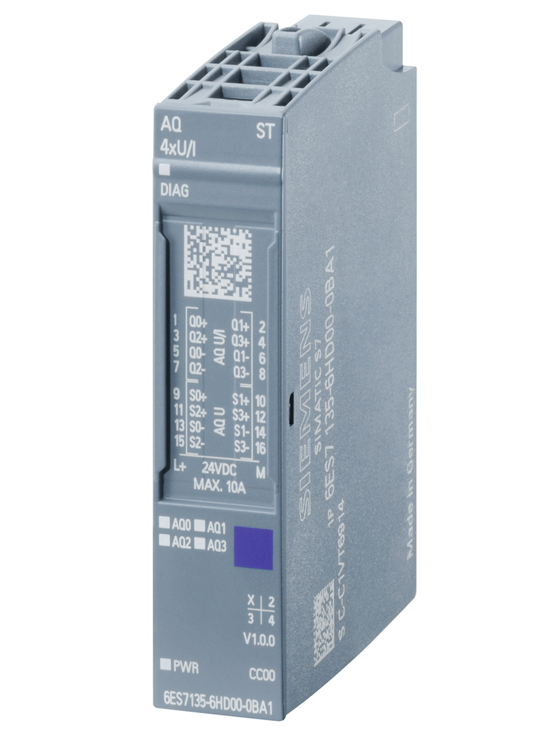 Módulo de salida analógica, SIMATIC ET 200SP,  AQ 4XU/I Standard, adecuado para BU tipo A0, A1, código de color CC00, diagnóstico de módulo, 16 bit, +/-0,3%