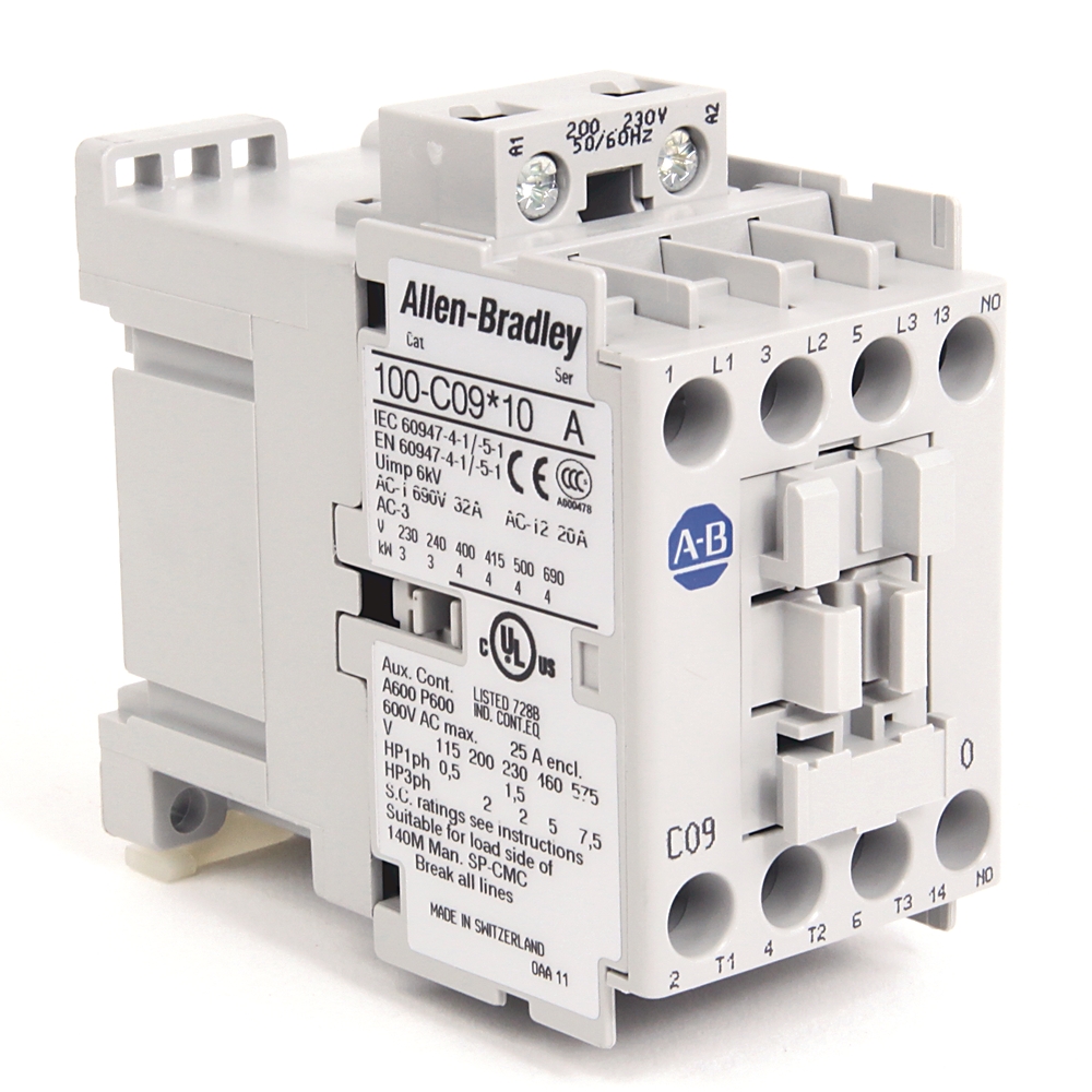 Contactor marca ALLEN BRADLEY serie 100-C; Amperaje 9A Polos 3 Potencia(kW) 4kW Potencia(HP) 5HP Bobina 24VAC Contacto 1NO,NC 0