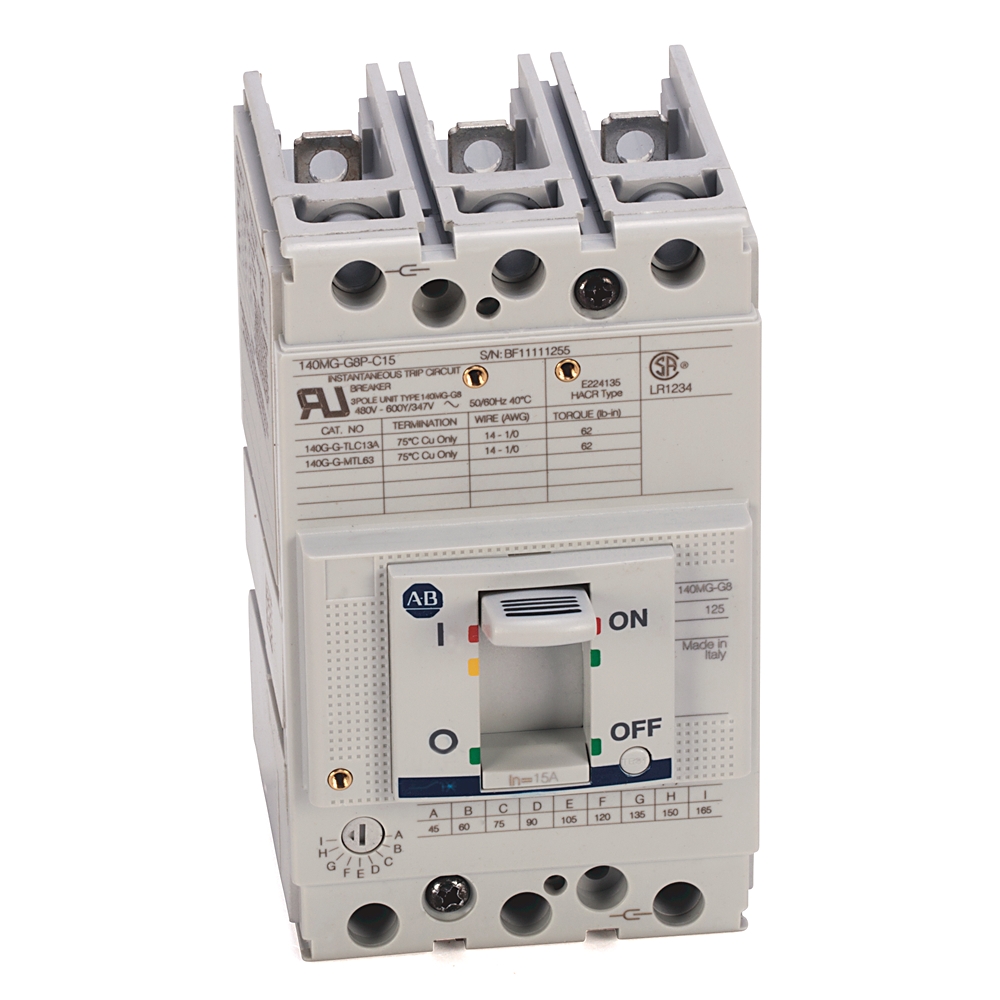 Breaker caja moldeada (MCP) marca ALLEN BRADLEY Serie 140MG; Amperaje 50A Polos 3 Potencia (kW) 19kW Potencia (HP) 25HP Bobina 230VAC/DC    