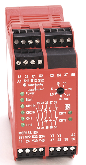 Relé de Seguridad – GuardMaster marca ALLEN BRADLEY Serie 440R; Bobina 24VAC/DC Entradas 1NC – 1LC Salidas de Seguridad con Delay 2NO/Relé – 1NC/Relé Salida de Seguridad Inmediata 2NO/Relé     