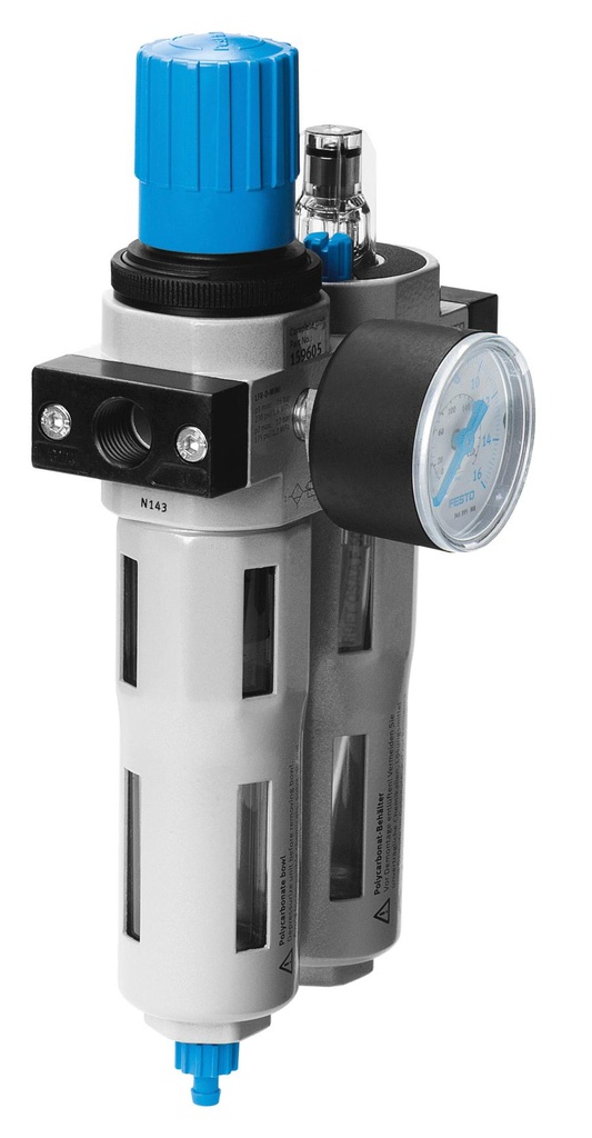 Unidad de Mantenimiento c/MANÓMETRO marca FESTO Serie D-Mini; Tipo Filtro regulador, Conexión G1/4, Caudal nominal normal 850 l/min, Margen de regulación de presión 0.5bar-12bar Grado de filtración 5µm