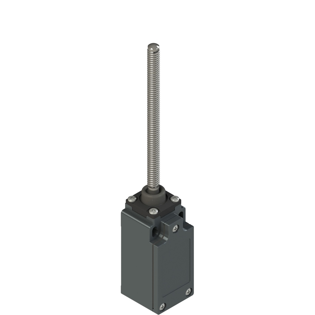[FM 525-M2] Interruptor de posición con resorte helicoidal Alojamiento: Carcasa metálica, una entrada de conducto roscada M20x1,5 (serie FM) Bloque de contacto: 1NA+1NC acción rápida (B5) Cabeza: Con muelle helicoidal con punta de plástico Grado de protección: IP67 según EN 60529