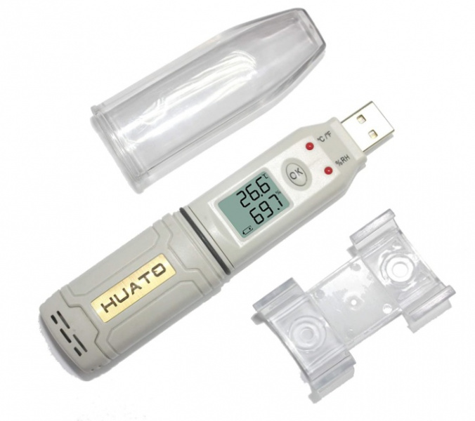 Medidor de Temperatura y Humedad c/Pantalla LCD - Thermohigrometro marca HUATO Serie HE; Temperatura Rango -30°C - 70°C Humedad Rango 0% - 100% RH Puerto USB      