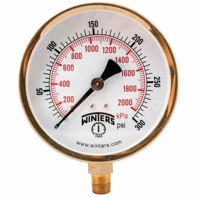 MANÓMETRO marca WINTERS Serie P1S 100; Rango 0-300 psi/kPa CARÁTULA 3.5in / 90mm conexión Rosca 1/4" NPT      
